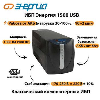 Энергия ИБП 1500 USB - ИБП и АКБ - ИБП для компьютера - . Магазин оборудования для автономного и резервного электропитания Ekosolar.ru в Троицке