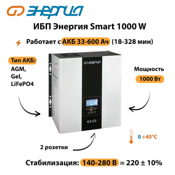 ИБП Энергия Smart 1000W - ИБП и АКБ - Энергия ИБП Smart - . Магазин оборудования для автономного и резервного электропитания Ekosolar.ru в Троицке