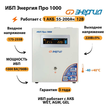 Энергия ИБП Про 1000 12В - ИБП и АКБ - ИБП для котлов - . Магазин оборудования для автономного и резервного электропитания Ekosolar.ru в Троицке