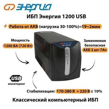 Энергия ИБП 1200 USB - ИБП и АКБ - ИБП для компьютера - . Магазин оборудования для автономного и резервного электропитания Ekosolar.ru в Троицке