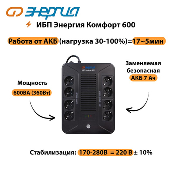 ИБП Комфорт 600 Энергия - ИБП и АКБ - ИБП для компьютера - . Магазин оборудования для автономного и резервного электропитания Ekosolar.ru в Троицке