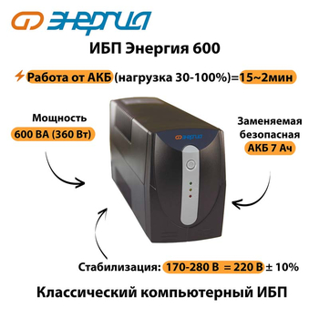 Энергия ИБП 600 - ИБП и АКБ - ИБП для компьютера - . Магазин оборудования для автономного и резервного электропитания Ekosolar.ru в Троицке